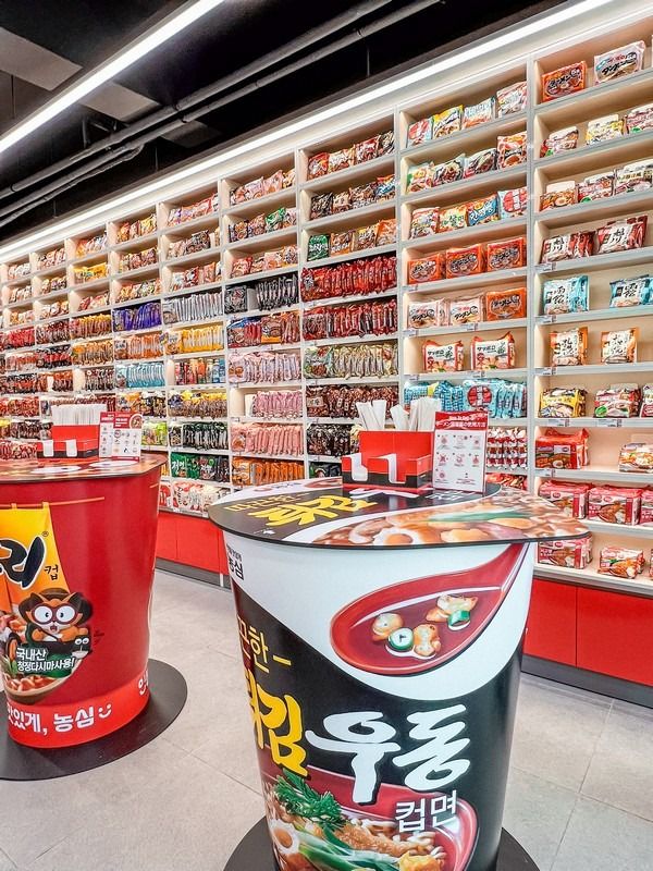 Instant ramyeon wall inside a Korean convenience store