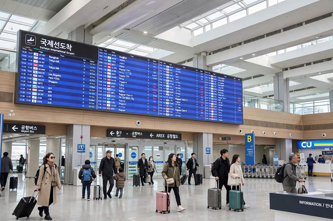 Travellers with suitcases arriving at Incheon International Airport in South Korea
