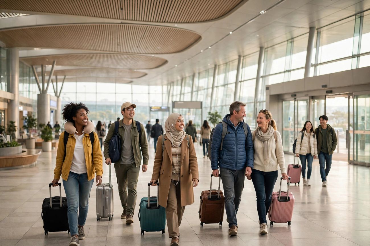 First-time travelers with suitcases arriving at Incheon Airport