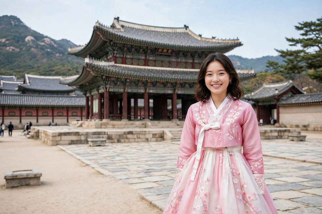 A woman wearing a colourful traditional Korean hanbok in front of Gyeongbokgung Palace in Seoul