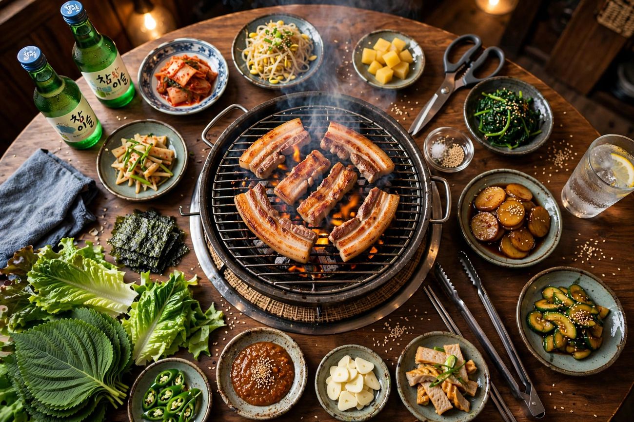 A Korean BBQ table with sizzling meat, banchan and lettuce wraps