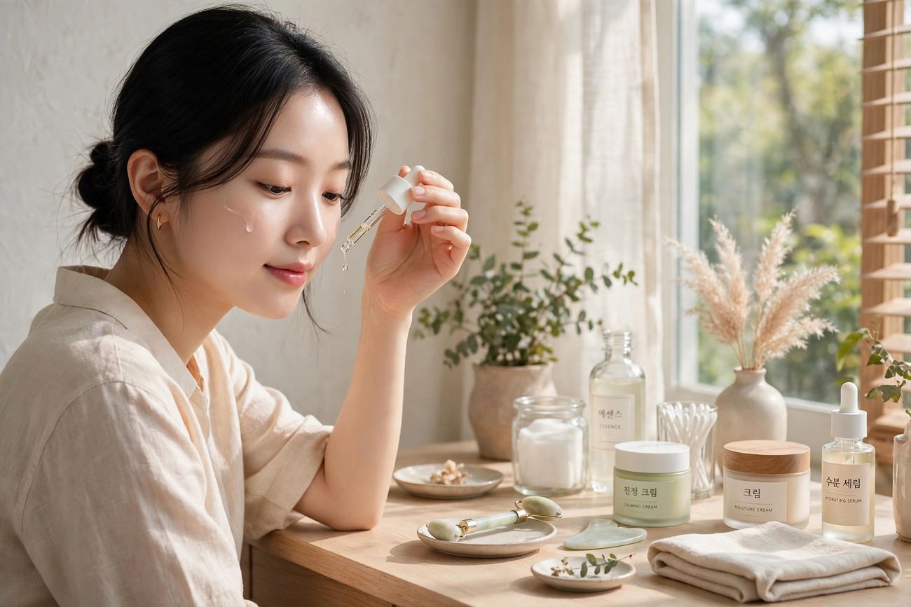 A Korean woman applying serum to her cheek at a bright vanity with skincare bottles