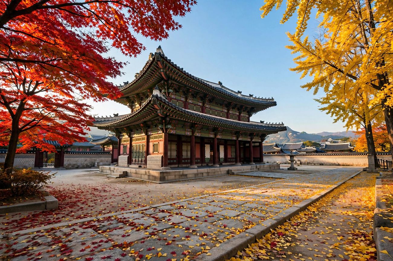 A palace courtyard in Seoul framed by red maple and golden ginkgo trees in November