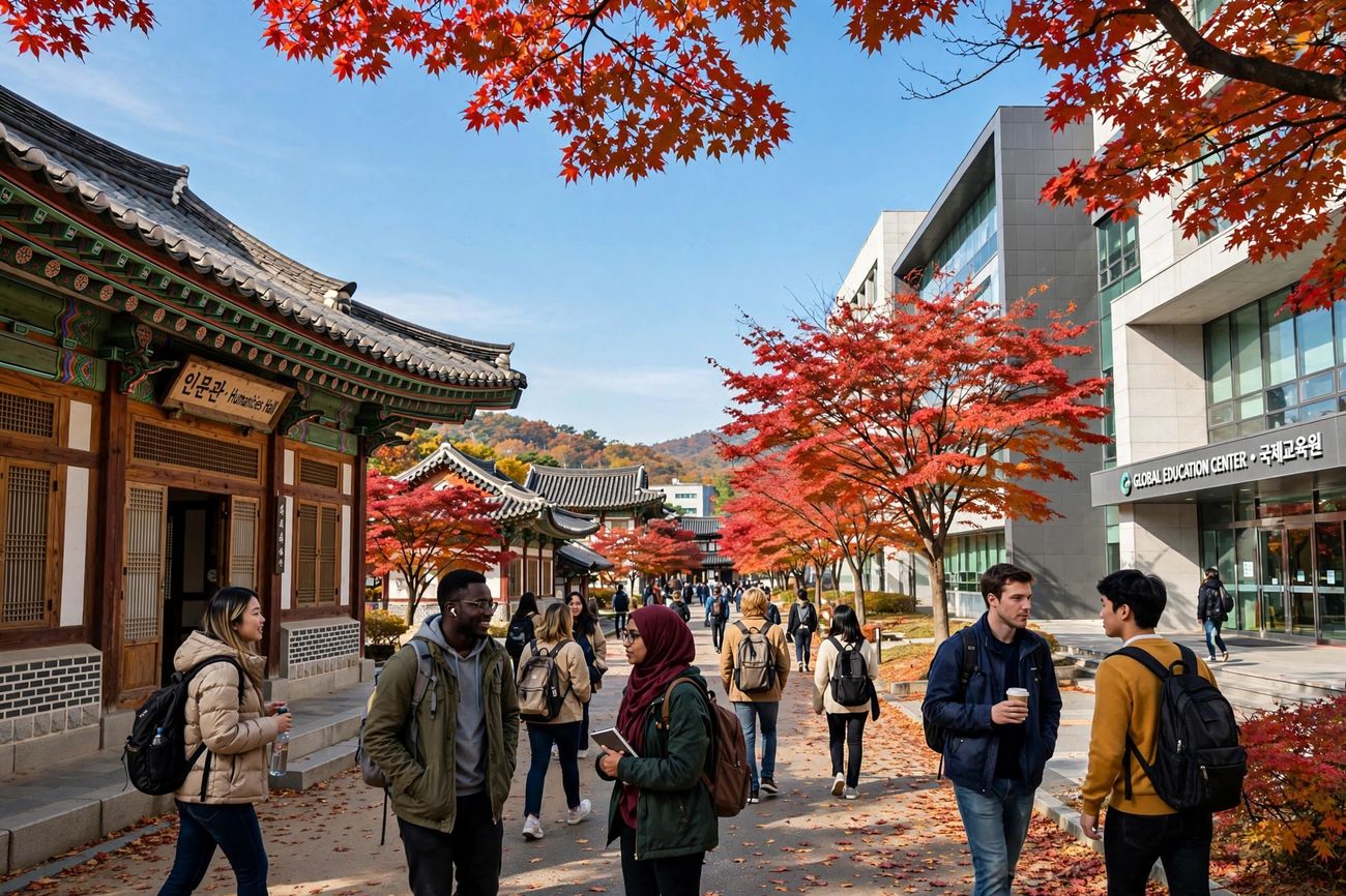 International students walking across a university campus in South Korea in autumn