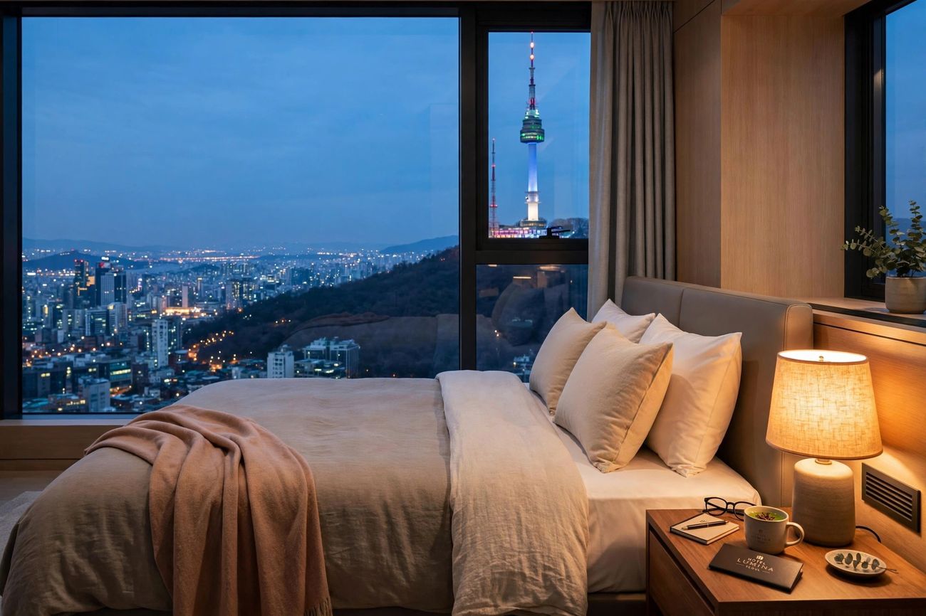 A Seoul hotel room with a window view over the city at dusk